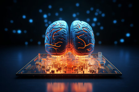 Digital 3d render of two human brains on a circuit board with glowing orange and blue lights