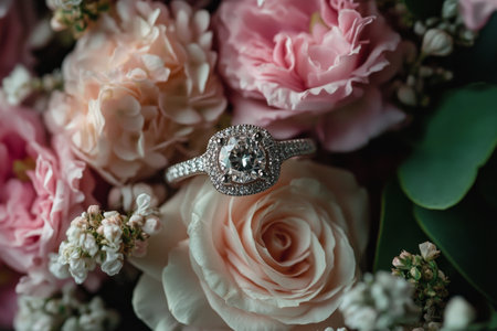 Romantic engagement ring surrounded by flowers perfect for celebrating special momentsの写真素材