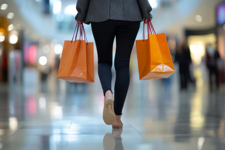 Chic woman strolling through a shopping mall with bags in a blurred background sceneの写真素材