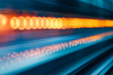 Abstract photography of a blurry blue and orange line with small circular patternsの写真素材