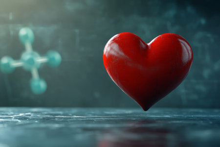 3d floating red heart against a scientific background vibrant illustration wallpaperの写真素材