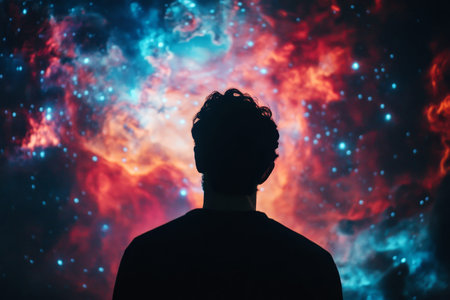 Silhouette of a man gazing thoughtfully at a vibrant and colorful cosmic nebula in the night sky