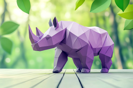 A glass purple rhinoceros in minimalist style amidst lush jungle with geometric detailsのeditorial素材