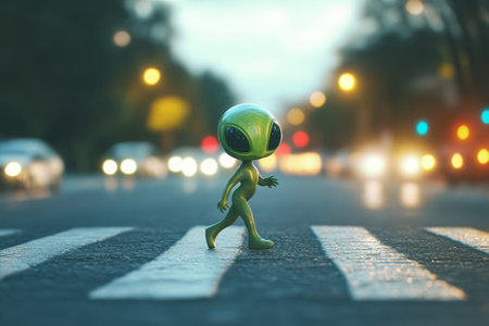 Adorable alien navigating through a bustling city street with vibrant urban backdrop