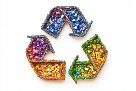 Creative reuse, reduce, and recycle concept featuring recycled materials on a white backgroundの写真素材
