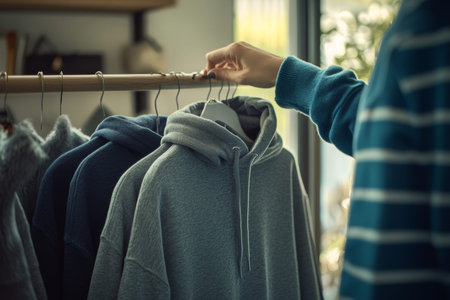 Cozy indoor scene with colorful hooded sweatshirts and person selecting gray hoodie in soft light