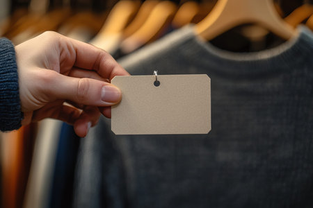 Elegant close up of hand holding blank price tag on clothing, showcasing cozy retail ambiance