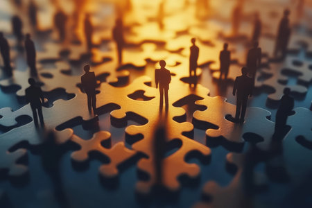 Business professionals engaged in puzzle solving and problem solving support concept in 3d renderの写真素材