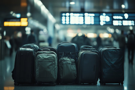 Crowded airport terminal with suitcases, travel bags, screens, and blurred travelers in backgroundの写真素材