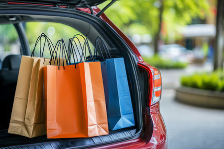 Family car trunk filled with shopping bags and supplies in a mall parking lot with copy spaceの写真素材