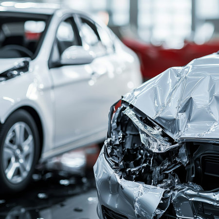 Close up of damaged silver and red cars after collision in workshop setting with open hood