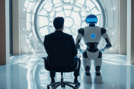 Businessman in elegant suit seated beside futuristic robot in modern office ai vs human employmentの写真素材