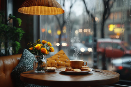 Charming cafÃ© interior with coffee, cookies, and flowers amidst a rainy cityscape outside