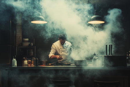 Dynamic male chef preparing gourmet dishes in a state of the art professional kitchenの写真素材