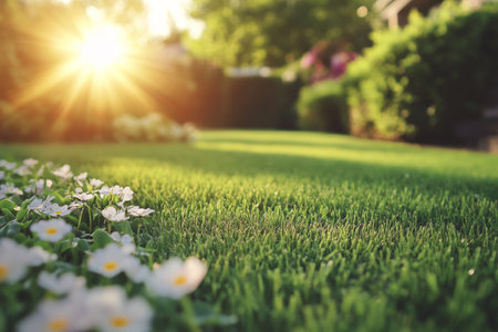 Beautifully maintained lawn and flowerbed with shrubs in sunlight behind a residential homeの写真素材