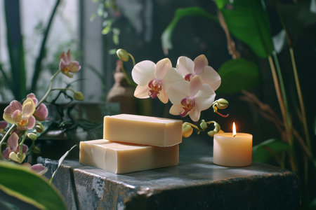 Elegant display of orchid flowers, soap bars, and candle for natural spa products advertisementの写真素材