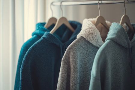 Cozy minimalist indoor scene with colorful hoodies on rack and soft natural lightingの写真素材