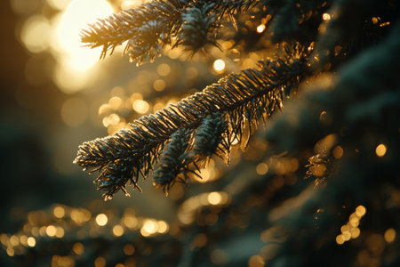 Sunlit winter fir tree christmas scene with snowy branches and blurred garland lightsの写真素材