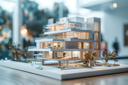 Businessman examining futuristic 3d city model in real estate office residential property designの写真素材