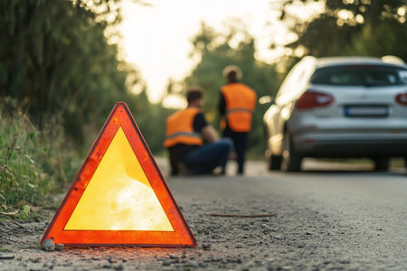 Daylight car collision two vehicles involved, one driver inspecting tire, emergency sign nearby