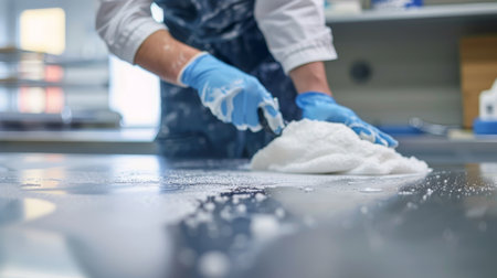 Janitor polishing a white desk in a modern office environment for a clean workspaceの写真素材