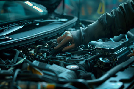 Auto mechanic repairing engine in open car hood, showcasing toolsの写真素材