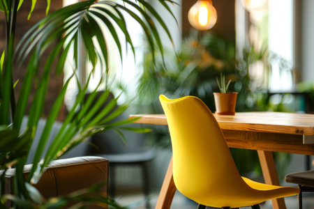Bright and contemporary office scene showcasing wooden desk, yellow chair, and green plantの写真素材
