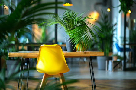 Modern office interior with wooden desk, yellow chair, green plant, and bright lighting atmosphereの写真素材