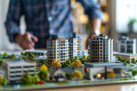 Businessman with 3d city model in real estate office innovative architecture and housing design