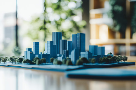 Futuristic blue 3d render of city homes on table in real estate agency office for residential design