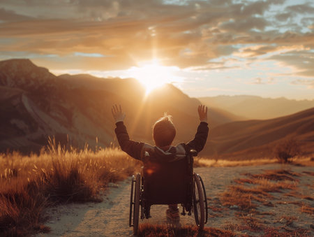 Boy in wheelchair with hands raised, enjoying a stunning sunset over mountains in the background