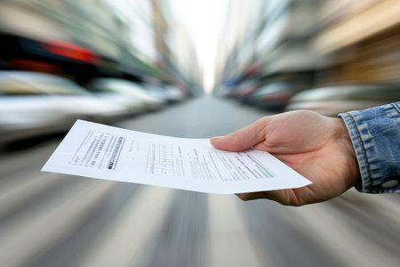 Hand Holding Document, Blurred City Street Background Business, Legal Concept, Or Insurance Theme.の写真素材