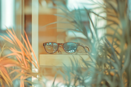 Stylish Sunglasses Displayed in a Shop Window with Tropical Plants, Summer Fashion Conceptの写真素材