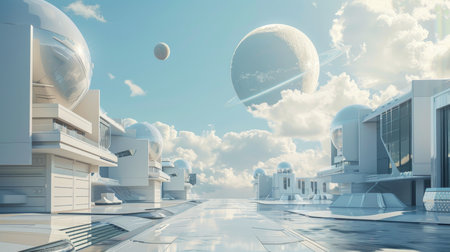 Futuristic sci fi landscape featuring fantasy industrial structures and celestial bodies in the skyの写真素材