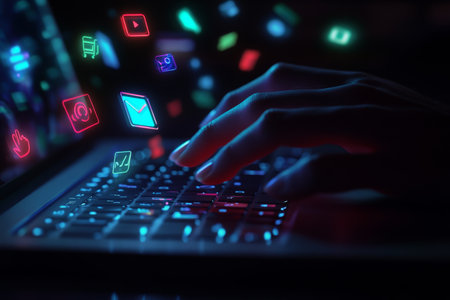 Futuristic dark workspace with illuminated laptop and colorful floating digital icons aboveの写真素材