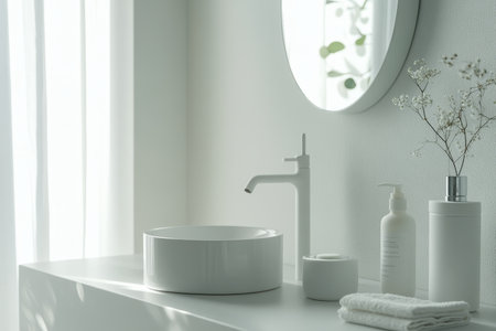 Modern minimalist bathroom stylish organization with refillable skincare and organic accessoriesの写真素材