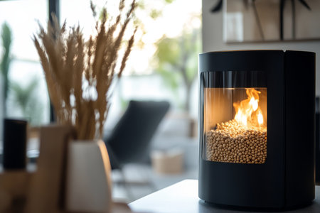 Wood pellet stove with transparent window displaying flames for efficient heating solutionsの写真素材
