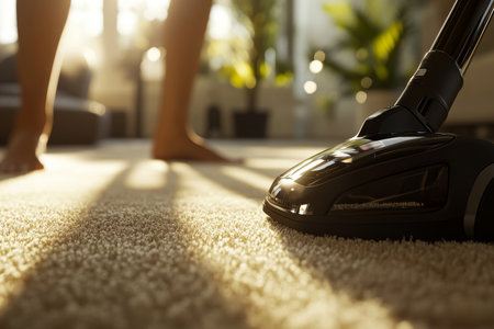 Close up of a modern vacuum cleaner nozzle on a plush beige carpet in a sunlit roomの写真素材