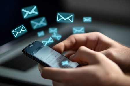 Close up of hands with smartphone checking email, surrounded by floating blue envelope icons