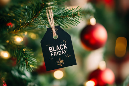 Festive holiday scene featuring tag on christmas tree with cozy decorations