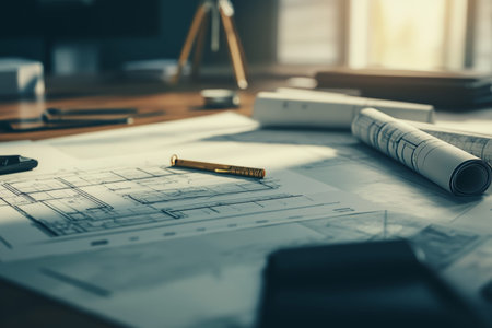 Close up of architectural blueprints and drafting tools in a professional workspace design