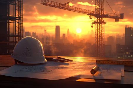 Sunset construction scene tools and cranes silhouetted against a vibrant skyline