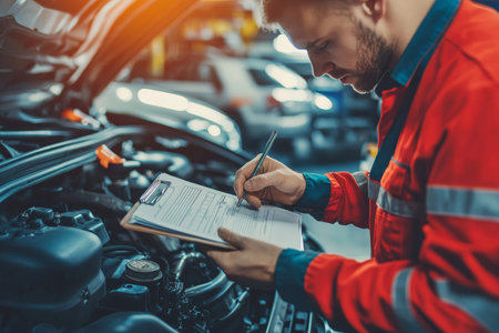 Automobile mechanic writing job checklist while inspecting engine for repair at vehicle garage