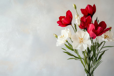 Stunning floral composition featuring red and white blooms on a soft light backdropの写真素材