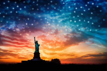 Majestic statue of liberty silhouetted against a dramatic sunset with american flag overlayの写真素材