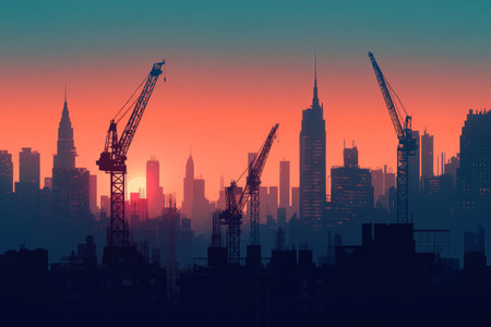 Vibrant urban skyline with tower cranes against a dramatic sunrise a scene of urban developmentの写真素材