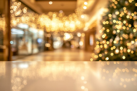 Empty Countertop with Blurred Christmas Lights of Shopping Mall, Festive Bokeh Backgroundの写真素材