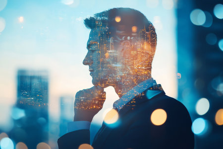 Double exposure of businessman contemplating growth with rising arrow over city lights at nightの写真素材