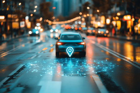 Smart blue car using gps navigation in urban traffic with city streets displayed on screen