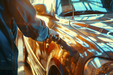 Craftsman smoothing car surface with electric sander, showcasing glossy finish under sunlight